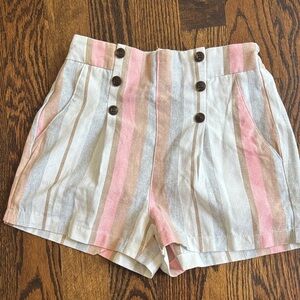 High Waist Striped Women's Shorts - Pink and Cream